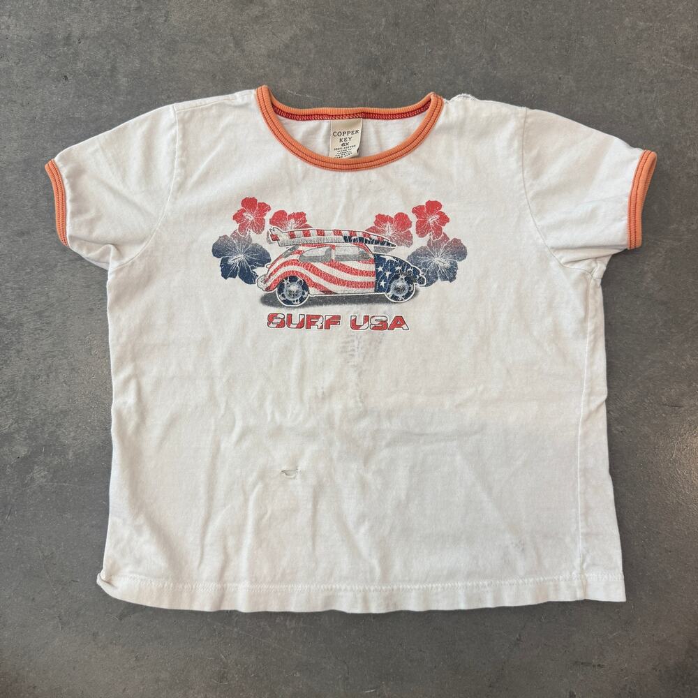 Vintage Y2K Surf USA Summer USA White Graphic Ringer Baby Tee 6X